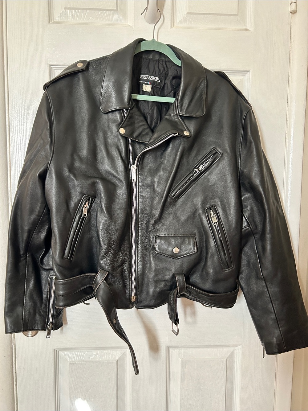 Okinawa Black Leather Jacket with Belted Hem